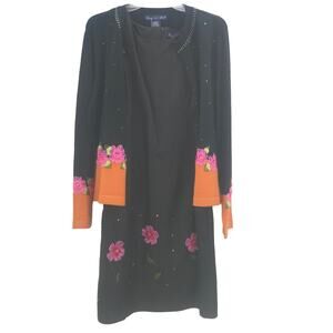 Eagle's Eye 2 Piece Floral SILK Open Front Sweater & Sheath Dress Black Large